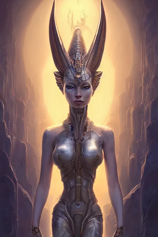 Image similar to portrait of a beautiful female hybrid cyborg atlantean anubis hada elsa jean alien warrior, regal, realistic, refined, detailed, digital art, jessica rossier, michael cheval, esao andrews, steampunk, walt disney ( 1 9 3 7 ), francois boucher, oil painting, highly detailed, cinematic lighting, unreal engine, 8 k, hd