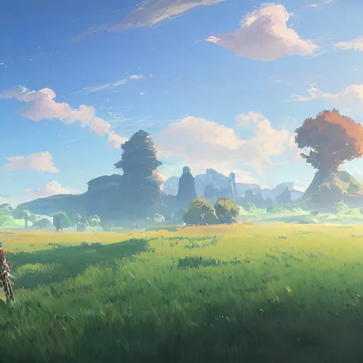 Prompt: landscape of a field. clean sharp digital art, environment concept art, by rossdraws, ghibli, breath of the wild, greg rutkowski