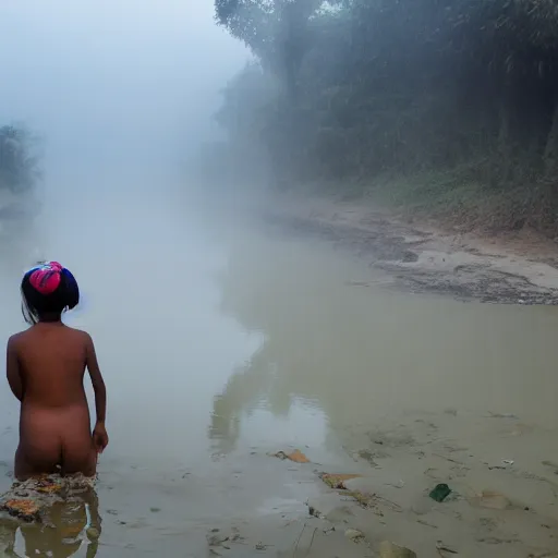 Prompt: award winning photo of a nepali village girl, bathing in a river, early morning, foggy, sunlight