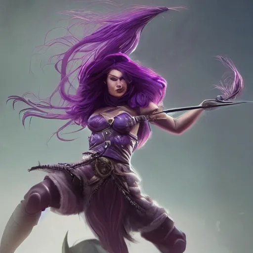 Image similar to beautiful female warrior with long purple hair and sword leaping through the air, highly detailed, trending on artstation, stylized, by WLOP