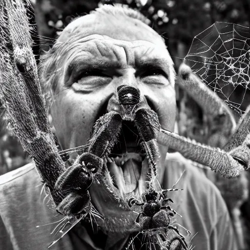 Image similar to National Geographic photo of angry old man with spiders in his mouth