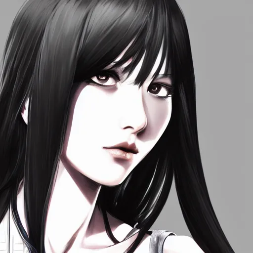 Image similar to heroine, beautiful, sui ishida with black hair, hyperrealistic, highly detailed, 8 k, a real photographic, digital art, character, realistic, full body portrait, artstation, symetric, lineart