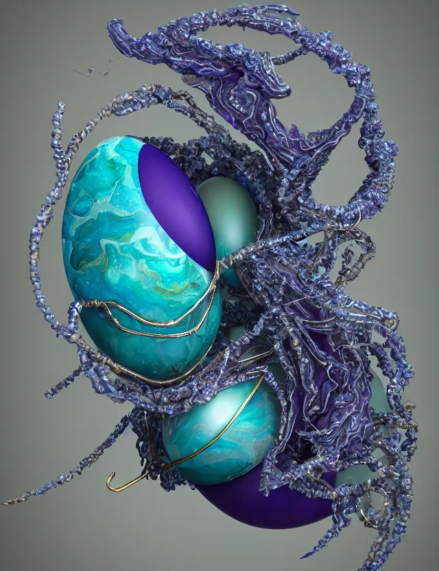 Image similar to a photo of a sculpture of a winged child made from blue and emerald and amethyst crystal geode formations with a marble egg with obsidian base with liquid gold tendrils flowing by ellen jewett by stanisław szukalski, octane render, byzantine, spirals, tendrils, elestial crystals, geode,