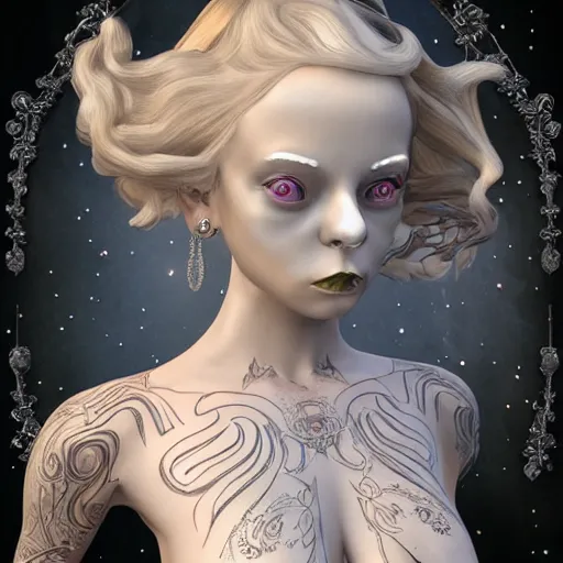 Image similar to blonde girl in a cosmic dress, full-body tattoos, ornate, rococo, grotesque, zbrush art, majestic, organics, silver filigree