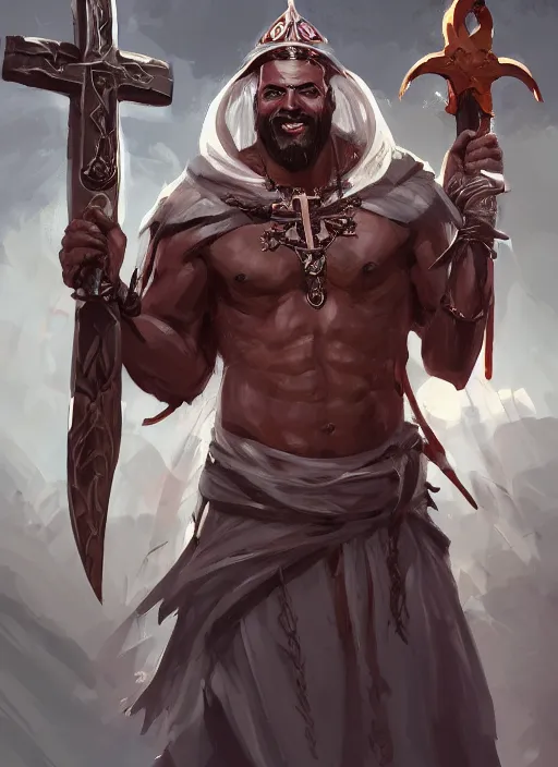 Prompt: a highly detailed illustration of sadistic white slick backed haired african warrior wearing priest robe with cross on chest, wielding blades made of blood, evil standing smiling pose, muscular, intricate, elegant, highly detailed, centered, digital painting, artstation, concept art, smooth, sharp focus, league of legends concept art, WLOP