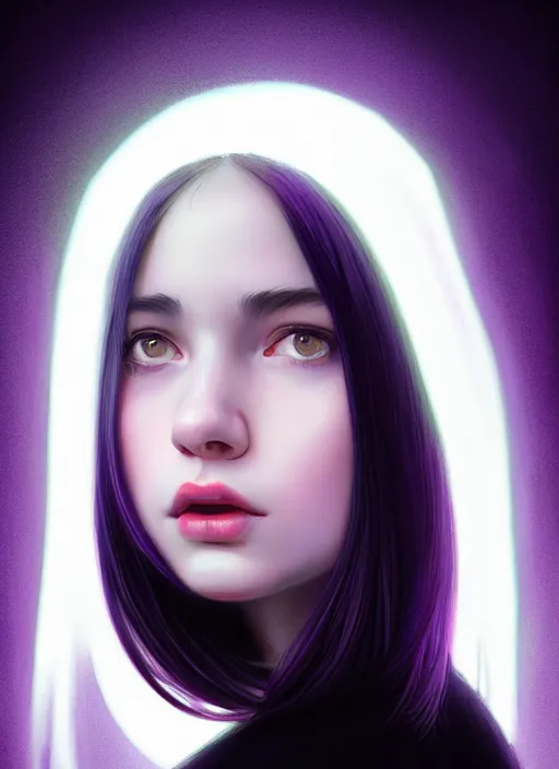 Image similar to portrait of teenage girl with white bangs, red irises, black hair, purple clothes, white bangs, bangs are different color from hair, intricate, front of hair is white rest is black, elegant, glowing lights, highly detailed, digital painting, artstation, concept art, smooth, sharp focus, illustration, art by wlop, mars ravelo and greg rutkowski