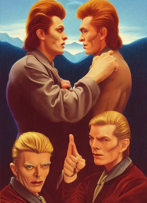 Image similar to twin peaks poster art, david bowie fighting his doppelganger gemini good and evil, old retro pulp, by michael whelan, rossetti bouguereau, artgerm, nostalgic, old fashioned