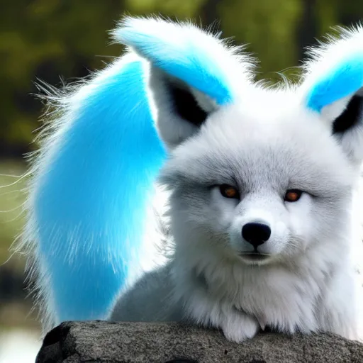 Image similar to white furry dragon with a blue neck mane, 2 grey horns, and fennic fox ears