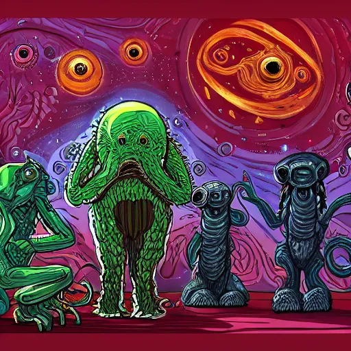 Image similar to creatures from beyond time and space surrounded by cosmic horror, lovecraftian monster, big tech corporate art style, memphis design