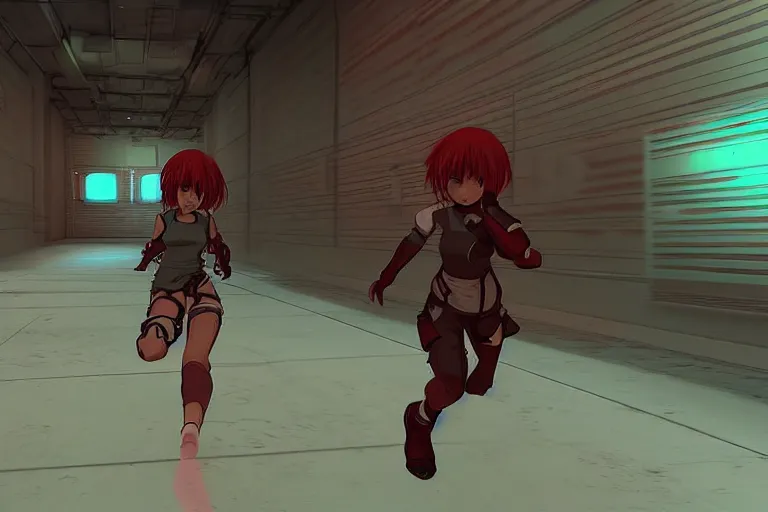 Image similar to an anime girl in a screenshot of the video game doom, the anime girl is running away