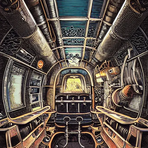 Prompt: intricate detailed victorian golf interior of submarine, pipes, captain, by peter mohrnacher and dan mumford, chsociety