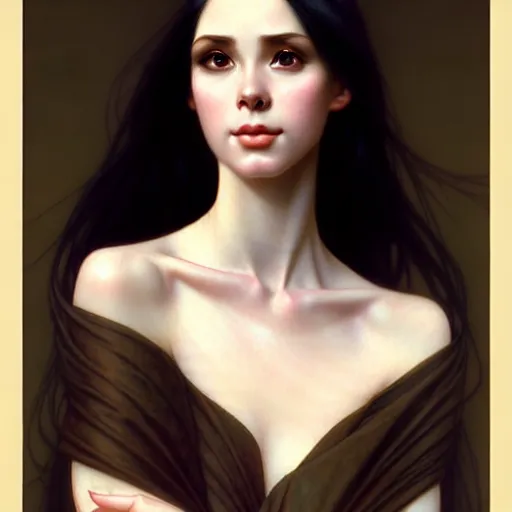 Image similar to Portrait of a beautiful, pale skin, female with long black hair, dark brown eyes, gentle smiling expression, elegant clothing, photorealistic, highly detailed, artstation, smooth, sharp focus, art by Klimt, artgerm, Greg Rutkowski and Alphonse Mucha