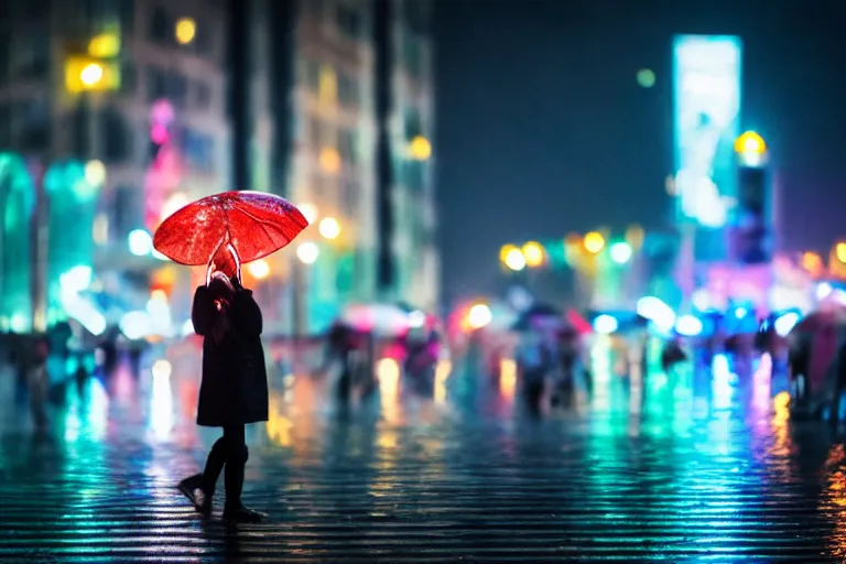 Image similar to canon, 300mm, bokeh, city at night, raining, reflections, people with umbrellas, neon lights