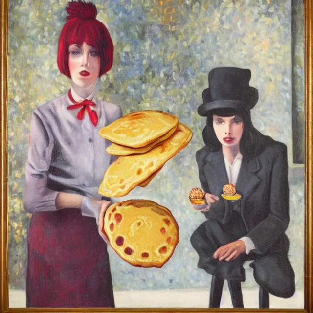 Prompt: tall emo female artist holding pancakes, in chippendale sydney, maple syrup, gold bullion, berries, pigs, octopus, acrylic on canvas, surrealist, by magritte and monet