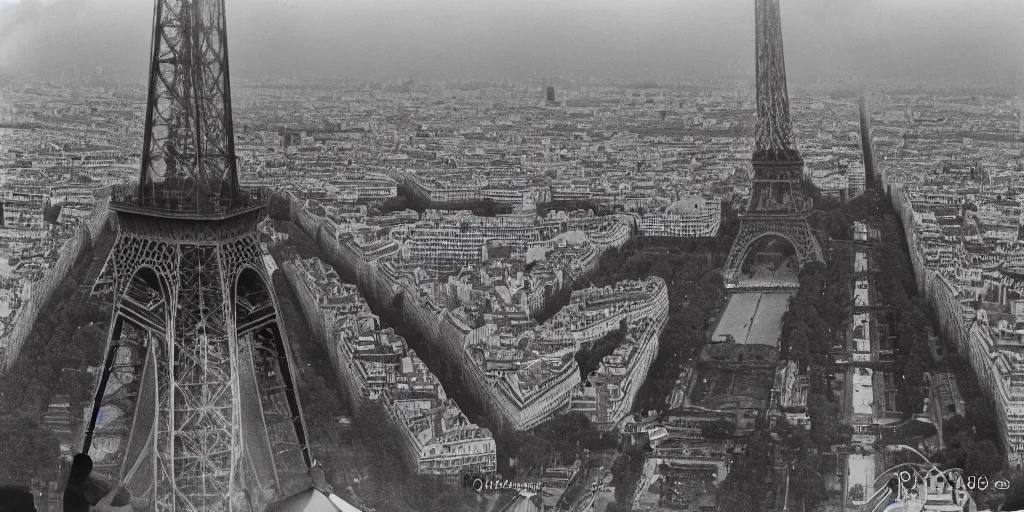 Image similar to extensive smoke rising from the top of the eiffel tower, aerial view, several police cars and crowds running across the ground, polaroid, 6 0's, hyperrealism, no blur, 4 k resolution, ultra detailed