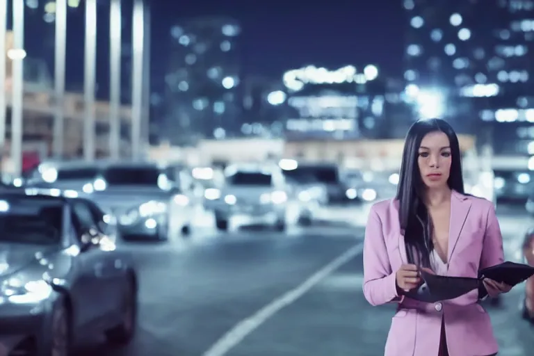 Image similar to cctv footage of a business woman making a deal in a parking lot at night, hd security video, 4 k