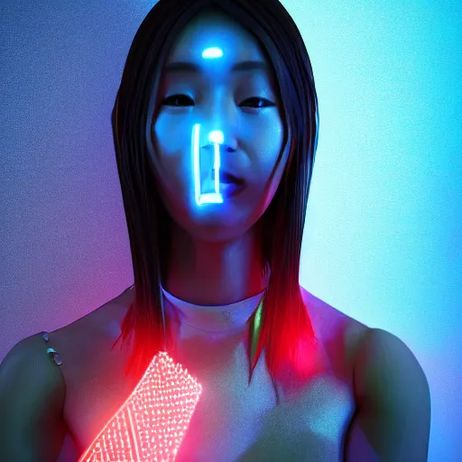 Prompt: japanese model cyborg with digital led skin, neon lighting, techno neon projector background, portrait photo, unreal engine 5, depth of field, bokeh, octane render