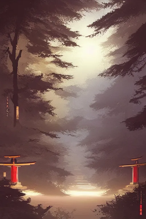 Prompt: Japanese Torii in a moutain with trees ,night , by Grzegorz Rutkowski, concept art