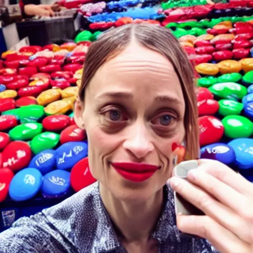 Image similar to fiona apple taking a selfie at the m & ms factory