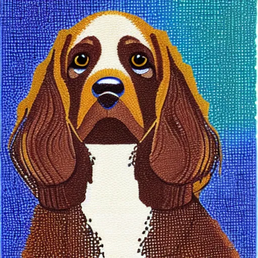 Prompt: a brown spaniel with a white chest , sat down playing a piano. Fine art, geometric, pointillism, lightning,Artwork. no text