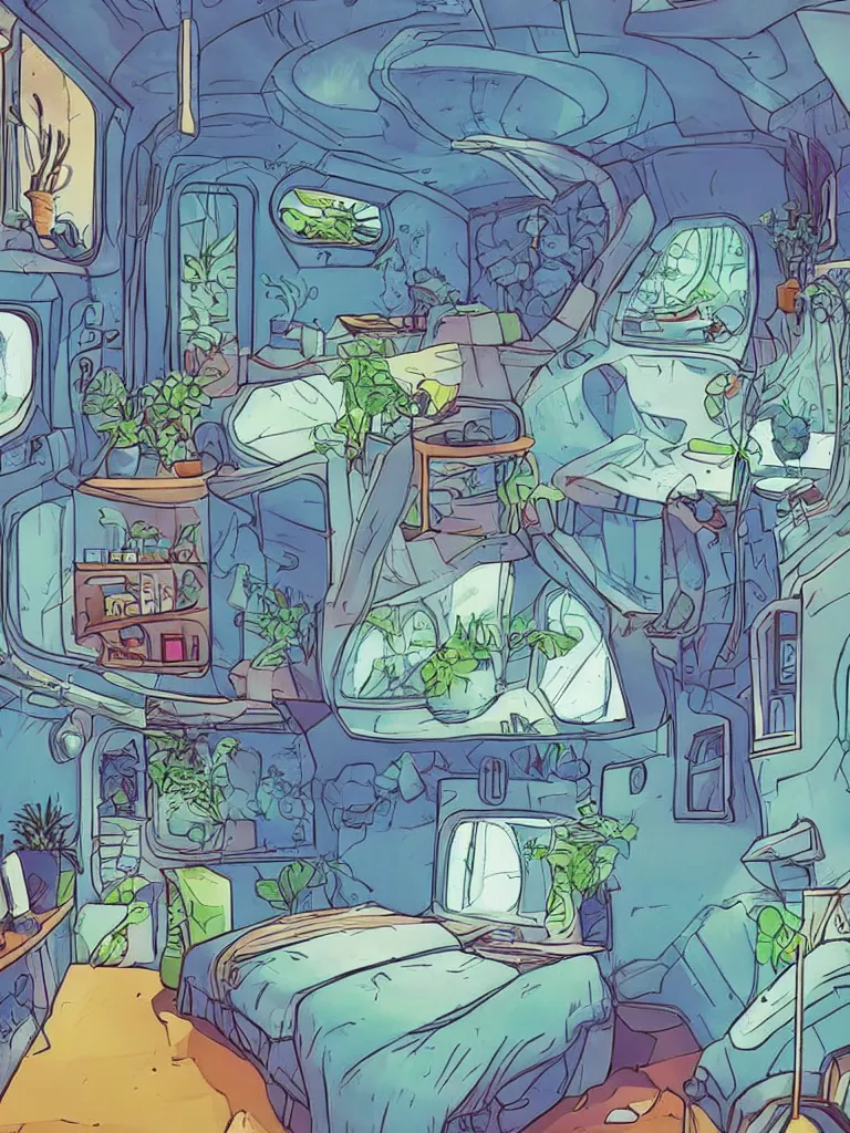 Prompt: Interior of a small, comfy bedroom on a spaceship. In the background is a large window showing outer space. Spread out around the room are lush plants. Graphic novel, bold warm and cool colours,