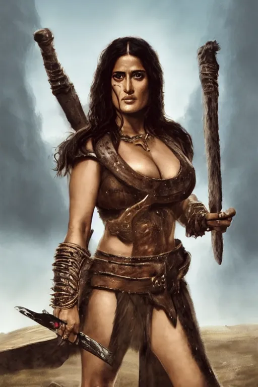 Image similar to portrait, Salma Hayek as a barbarian , dressed in torn white leather and high heeled boots , face portrait, raphael lacoste, eddie mendoza, alex ross, concept art, matte painting, highly detailed, rule of thirds, dynamic lighting, cinematic, detailed, denoised, centred