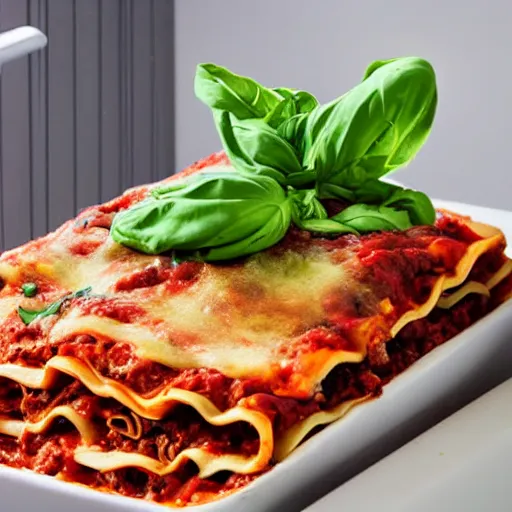 Image similar to platypus wearing a chef hat while putting a lasagna in an oven, with three basil leaves over the lasagna