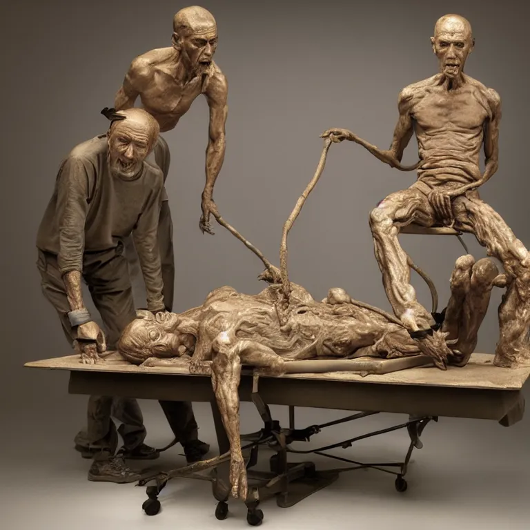 Image similar to hyperrealistic sculpture of a fossilized bronze chinese prisoner, on an operating table in a cage on a pedestal, surrounded by surgeons, by ron mueck and duane hanson and lee bontecou and giacometti, hyperrealistic dramatic colored lighting trending on artstation 8 k