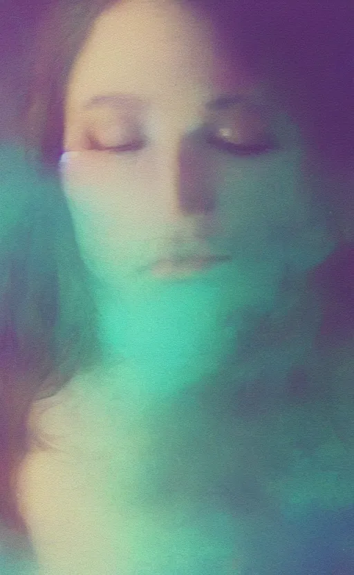 Image similar to a beautiful woman's face in the water, serene emotion, new polaroid, glitchy patterns, kodak color grading, muted colors, hazy, aqua, pastel colors, soft lighting