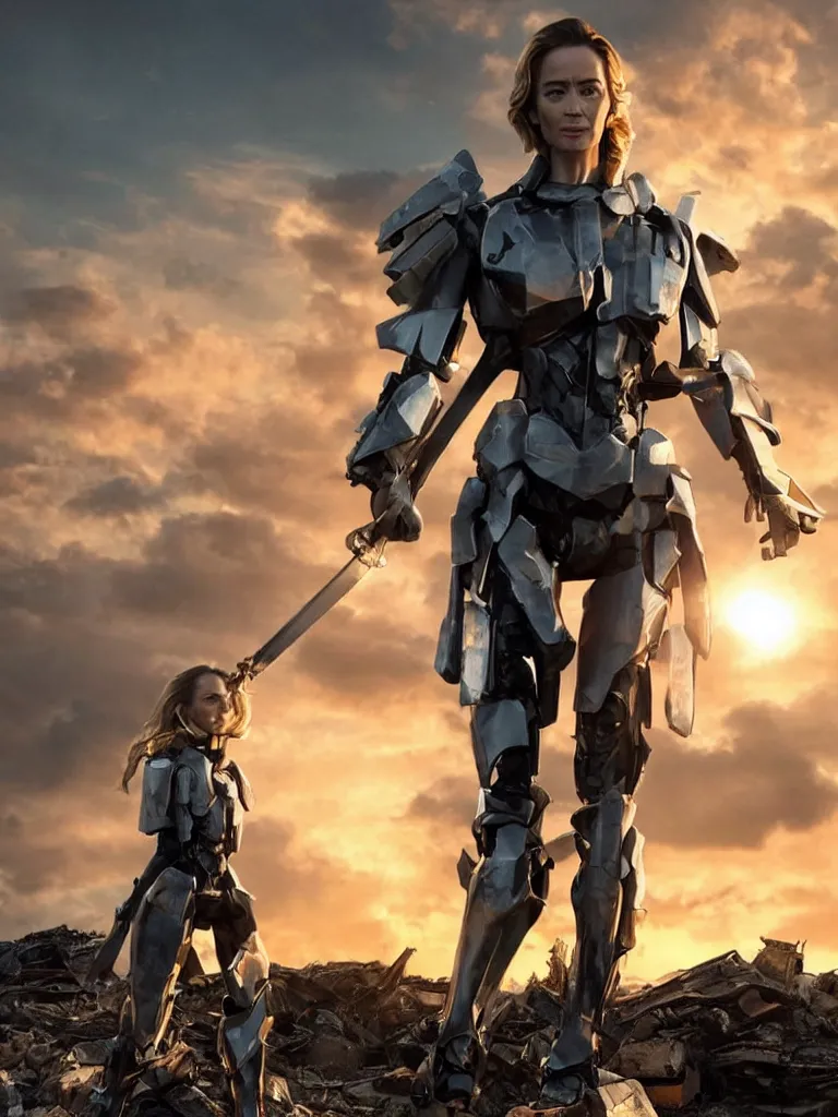 Prompt: emily blunt in futuristic power armor, by herself, holding a sword, standing atop a pile of rubble, sunset and big clouds behind her
