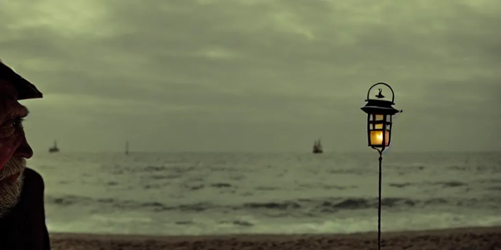 Image similar to film still of closeup old man holding up lantern by his beach hut at night. pirate ship in the ocean by emmanuel lubezki