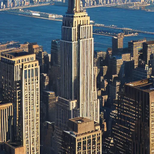 Image similar to water flowing from the windows of the empire state building, fluid simulation, long shot, 2 0 0 mm, orthogonal perspective, photorealist, panorama, new york background, detailled, sharp focus, realistic, trending on artstation, cg society, 8 k, unreal