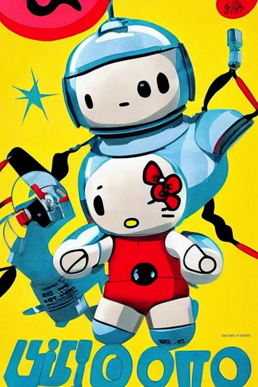 Prompt: criterion collection Poster art for the film Robo Hello Kitty Astro boy goes to Space