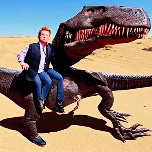 Prompt: photo of conan o'brien riding a t - rex in morocco