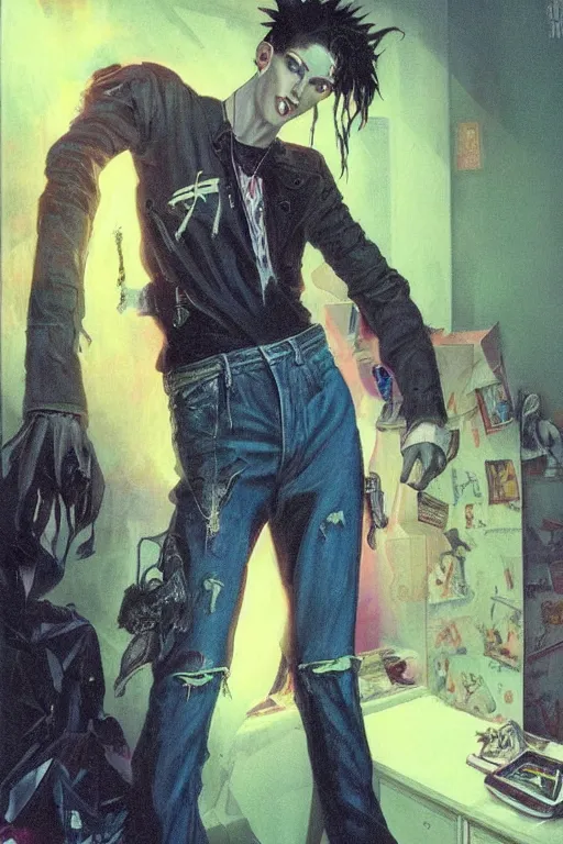 Image similar to a skinny goth guy standing in a cluttered 9 0 s bedroom, full body character concept art, vaporwave colors, karol bak art,