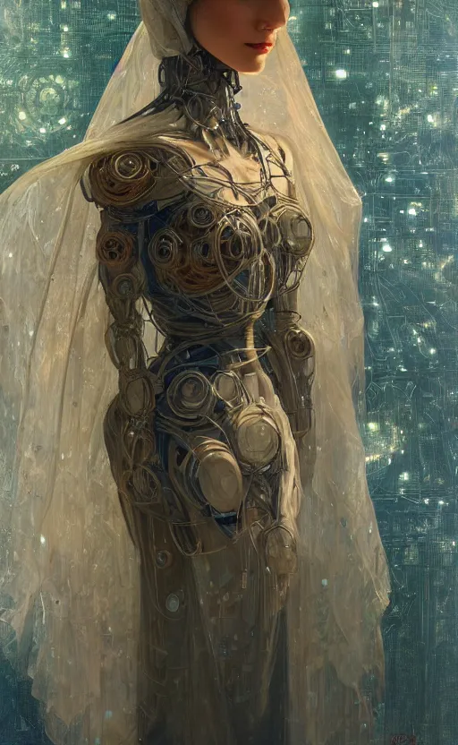 Image similar to portrait of a humanoid robot wearing a veil, mystic, mystical, robot body, wires, robotic, intricate, headshot, highly detailed, digital painting, artstation, concept art, sharp focus, cinematic lighting, digital painting, art by artgerm and greg rutkowski, alphonse mucha, cgsociety