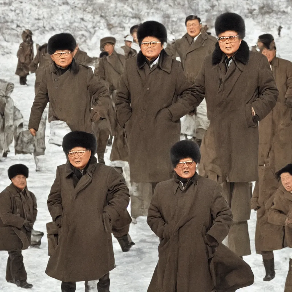 Image similar to filmstill of Kim Jong-il wearing a furry chapka and playing the role of Omar Sharif in Doctor Zhivago by David Lean, 1965, cinemascope, Eastman Color Negative 50T 5251 Neg. Film, epic romance