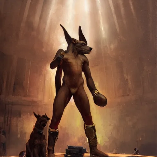 Image similar to anubis as a boxer ready to take on the world champ, boxing ring, strong spotlights, 4 k, trending on artstation, by gaston bussiere, craig mullins, artgerm, greg rutkowski, alphonse mucha