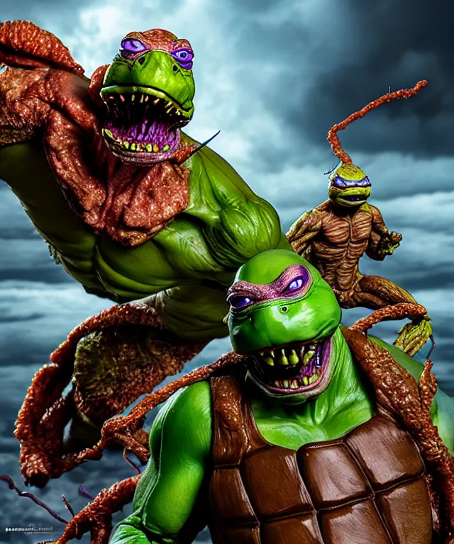 Image similar to hyperrealistic rendering, epic boss battle, cronenberg flesh monster tmnt, by art of skinner and richard corben, product photography, collectible action figure, sofubi, hottoys, storm clouds, outside, lightning