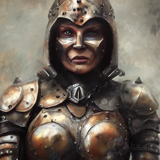 Prompt: muscular woman warrior wearing rusty medieval armor, covered in realistic armor, old rusty metal, digital art, expressive oil painting, trending on artstation