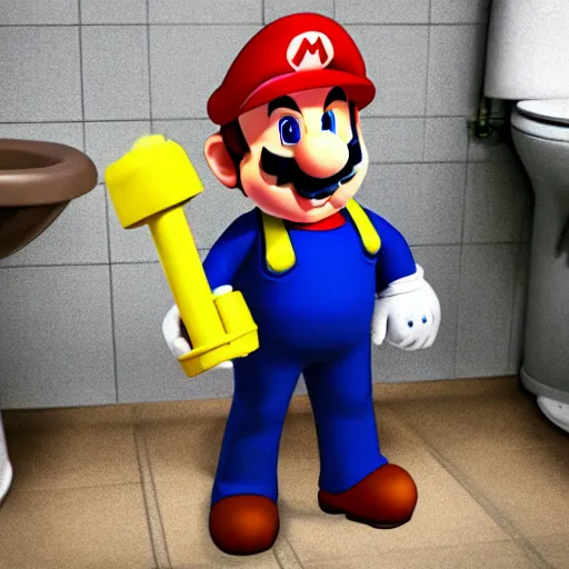 Prompt: super mario using a plunger to unclog a toilet