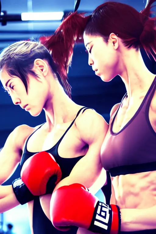 Prompt: a scene in the gym of two beautiful female fighters with hair tied up facing each other, gorgeous features, high definition, sharp focus, detailed anime art, pixiv