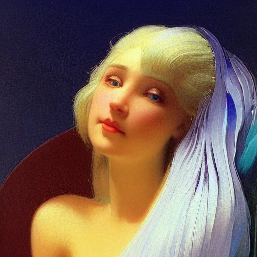 Prompt: a young woman's face, her hair is white and she wears a cobalt blue satin cloak, by ivan aivazovsky and syd mead and moebius and gaston bussiere and roger dean and pieter claesz and paul delaroche and alma tadema and aelbert cuyp and jean giraud, hyperrealistic, volumetric light, octane render