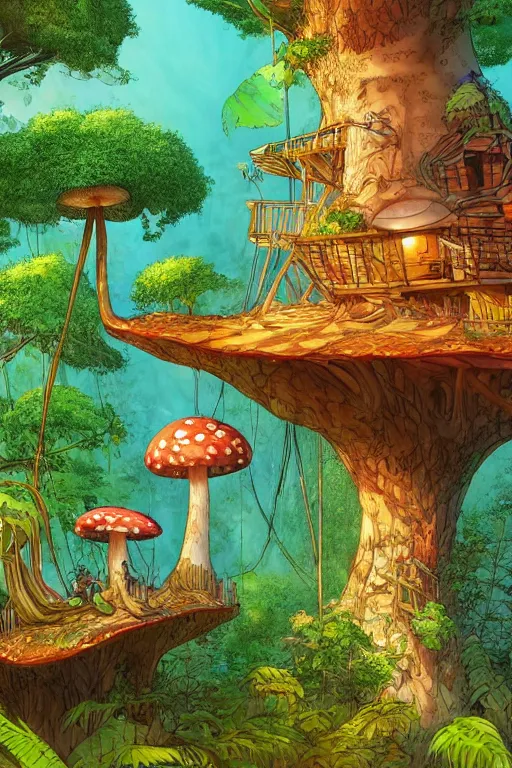 Image similar to a tree house in the jungle, big mushroom, sunshine, by alba ballesta gonzalez and moebius. 4 k wallpaper, digital 2 d, comic, illustration, extremely detailed, cinematic lighting, smooth sharp focus.