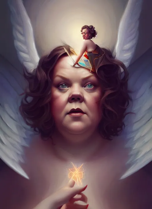 Image similar to melissa mccarthy as an angel, backround dark, highly detailed, digital illustration, trending in artstation, modern painting, smooth, sharp focus, intricate, by peter mohrbacher