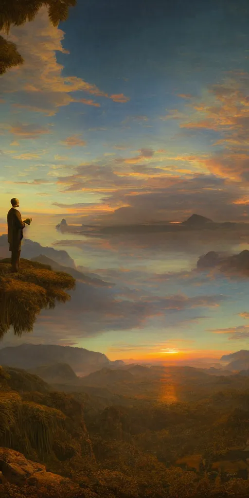 Image similar to symmetry!! god overlooking a surreal landscape of a dream, lucid dream, people, very detailed, serene, peaceful, golden hour, perfect lighting, perfect composition, digital art, illustration, frederic edwin church, tom white, 4 k