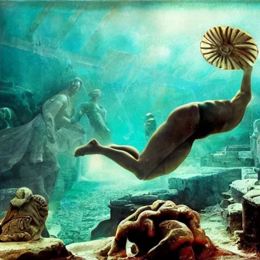 Image similar to Roman empire underwater, Atlantis, spectacular quality, surrealism photography masterpiece, perfect composition