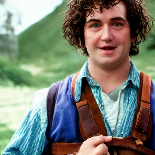 Image similar to surly clean shaven pudgy British lad with short curly dark brown hair as a hobbit wearing a white men's crossbody sling chest bag and blue vest standing next to a giant rabbit, blue vest! white crossbody chestbag! high resolution film still, movie by Peter Jackson