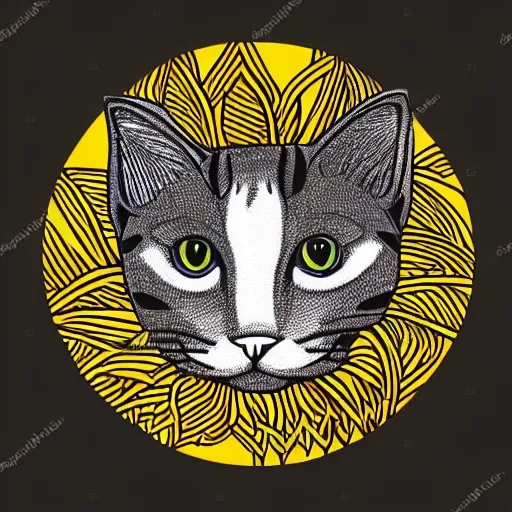 Image similar to tattoo sketch of a cat hugging the sun, on a yellow paper, ornament maori, minimalism, vector