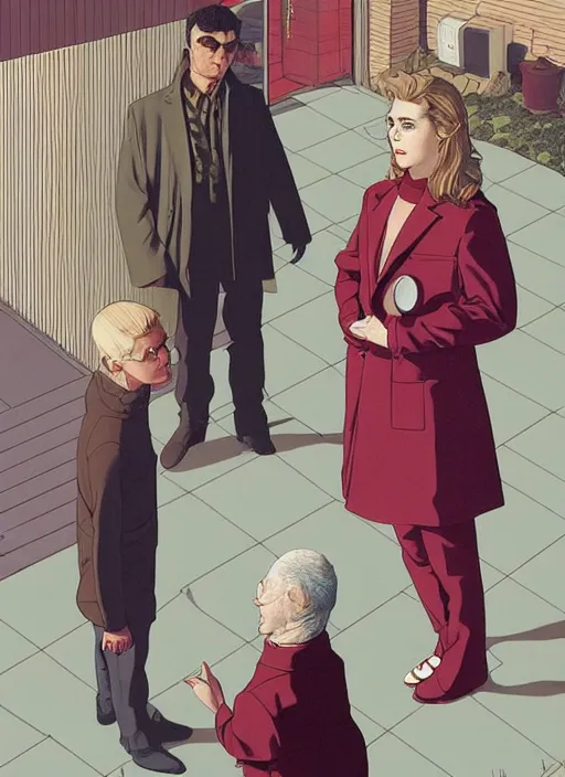 Prompt: poster artwork by Michael Whelan and Tomer Hanuka, Karol Bak of Kiernan Shipka wearing a turtleneck and lab coat meeting Alan Turing outside her apartment, from scene from Twin Peaks, clean